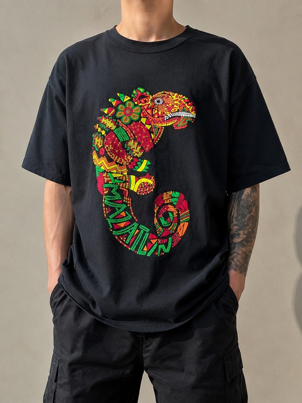 Black Short-Sleeve Tee with Colorful Chameleon Graphic